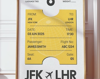 May include: A framed print featuring a yellow luggage tag design. The tag includes details like "JFK New York" to "LHR London," date, time, passenger name, flight number, and gate. The bottom of the print displays "JFK LHR" with an airplane symbol.