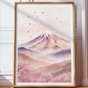 富士山ウォールアートプリント、日本の桜のデジタルダウンロード、桜の自然ポスター、禅の風景ホームデコレーション、ピンクパープルの印刷物