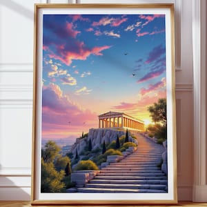 May include: Framed art print depicting a classical temple atop a hill, bathed in the warm glow of a sunset. A stone staircase leads up to the temple, surrounded by lush greenery. The sky is a mix of pink, orange, and blue hues.