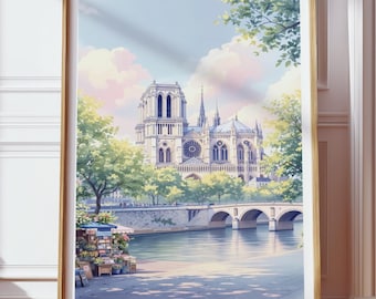 水彩画 パリ ノートルダム大聖堂 セーヌ川 デジタルダウンロード