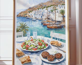 Väggkonsttryck med grekisk ö, akvarell affisch med lunch i medelhavshamnen, utskrivbar JPG-poster, digital nedladdning av heminredningskonstverk