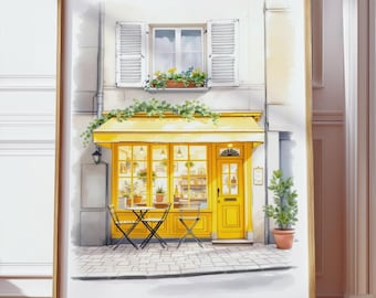Paris Cafe Wall Art Print | French Bakery Street Scene Digital Download | Yellow Storefront Parisian Artwork | Printable French Home Decor