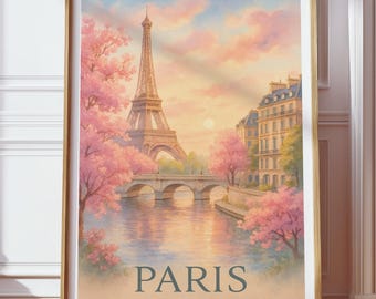 Paris Eiffel Tower Wall Art, Parisian Romantic Watercolor Print, French Cityscape Digital Download Decor, Blossom Floral Printable Poster