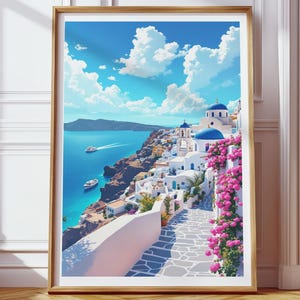 Santorini Printable Wall Art, Greek Island Digital Download, Mediterranean Travel Poster, Blue Dome Church Print, Coastal Greece Decor JPG