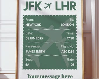 May include: A framed print featuring a vintage-style boarding pass design. The top text reads "JFK LHR" with an airplane icon. Details include "New York" to "London," date "03 JUN 2025," time "17:30," passenger "JAMES SMITH," and "Your message here."