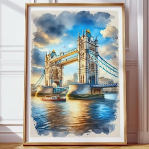 Tower Bridge London Wall Art, Thames River Watercolor Digital Download, UK Landmark Poster, British Architecture Print, Travel Home Decor