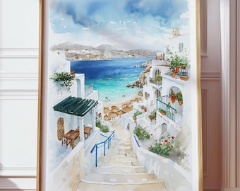 Greek Island Coastal Wall Art Digital Download, Whitewashed Santorini Print, Mediterranean Seaside Home Decor