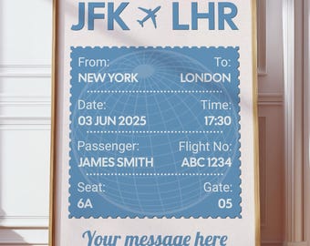 May include: A framed print featuring a vintage-style boarding pass design. The blue and white ticket shows a flight from New York to London, with details like the date, time, passenger name, and flight number. The text "Your message here" is at the bottom.