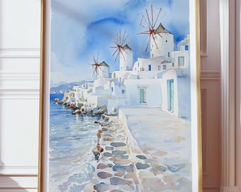 Mykonos Wall Art Print, Greece Travel Poster, Coastal Mediterranean Digital Download Decor