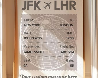May include: A framed print featuring a stylized boarding pass design. The top reads "JFK LHR" with an airplane icon. Details include "New York" to "London," date "03 JUN 2025," and passenger "JAMES SMITH." The bottom reads "Your custom message here."