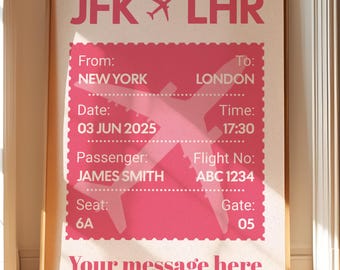 May include: A framed pink and white travel-themed print. The print features the text "JFK LHR" at the top, with details including "NEW YORK" to "LONDON", date "03 JUN 2025", time "17:30", passenger "JAMES SMITH", flight number "ABC 1234", seat "6A", and gate "05". The bottom reads "Your message here".
