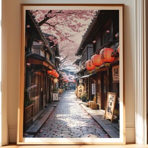 Kyoto Cherry Blossom Street Wall Art Printable, Japanese Lantern Alley Spring Print, Japan Travel Decor, Traditional Sakura Digital Download