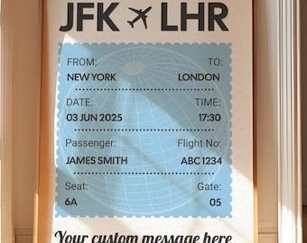 May include: A framed print resembling a vintage airline ticket. The design features the text "JFK LHR" at the top, with details including "New York" to "London," date, time, passenger name, flight number, seat, and gate. The bottom reads "Your custom message here."