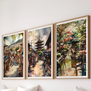 Lot de 3 affiches d'art mural numérique japonais, pagode de Kyoto, décoration de jardin asiatique, téléchargement immédiat