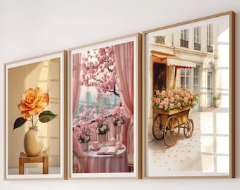 3er Set Paris Wandkunst, romantisches französisches Café Dekor, Pariser Blumen digitaler Download, romantische elegante Paris Wohnung zum Ausdrucken