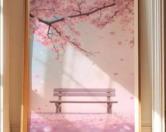 Cherry Blossoms Wall Art Printable, Pink Sakura Tree Poster, Romantic Minimalist Print, Japanese Digital Download, Bench Spring Decor