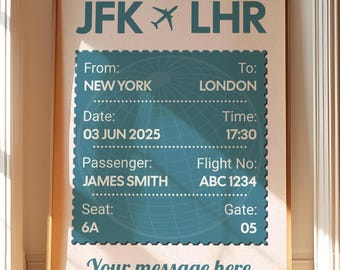 May include: A framed print featuring a vintage-style boarding pass design. The pass indicates a flight from New York to London on June 3, 2025, with passenger James Smith. The text "Your message here" is at the bottom.