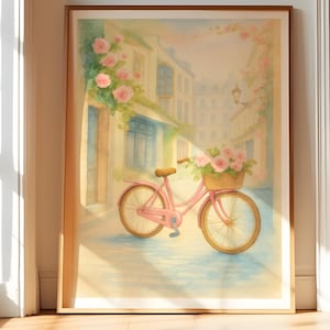 Paris Bicycle Wall Art Print, Pink Floral Street Watercolor Poster,Pastel French City Scene, Romantic Printable Home Decor Digital Download