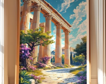 Arte mural imprimible de ruinas griegas antiguas, descarga digital, impresión de paisaje de Atenas, Grecia, columnas del templo de la Acrópolis, decoración mediterránea para el hogar