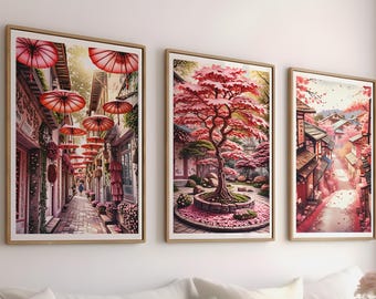 Set of 3 Japanese Wall Art, Pink Street & Garden Prints, Cherry Blossom Instant Download