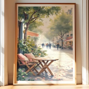 Paris Street Cafe Wall Art Print, Warm Soft Toned Poster, French Sidewalk Scene Printable, Digital Download Travel Home Decor for Kitchen