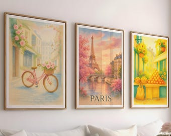Set of 3 Paris Wall Art, French Cafe Digital Download, Eiffel Tower Painting, Romantic Artwork, Vintage Parisian Home Decor