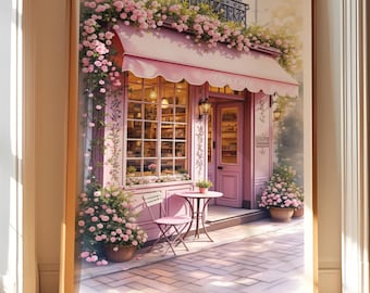 Paris Street Cafe Wand Kunst druckbare, rosa Blumenladen Digital Download Druck JPG, romantische Französisch Bistro Poster, gemütliche Pastell Wohnkultur