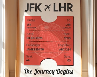 May include: Framed art print of a vintage-style airline ticket. The ticket is red and cream-colored, with the text "JFK LHR" at the top. Details include the date, time, passenger name, seat, and gate. The phrase "The Journey Begins" is at the bottom.