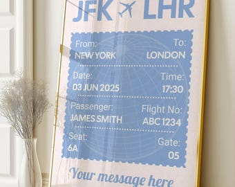May include: A framed print featuring a vintage-style boarding pass design. The print includes the text "JFK LHR", "New York to London", the date "03 JUN 2025", and passenger details. The background is a light beige with blue accents and a gold frame.