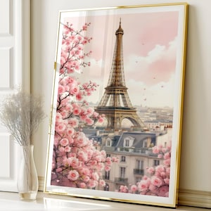 Impresión de arte mural de la Torre Eiffel de París, póster de París con flor de cerezo rosa, paisaje urbano francés imprimible, descarga digital, decoración romántica para el hogar