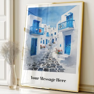 Personalized Greek Island Wall Art, Custom Mykonos Decor Printable, Mediterranean Coastal Poster, Whitewashed Village Print Digital Download