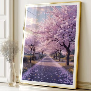 Impression d'art mural sentier en fleurs de cerisier, affiche de paysage de printemps rose, téléchargement numérique imprimable, décoration de rue japonaise, oeuvre d'art Sakura