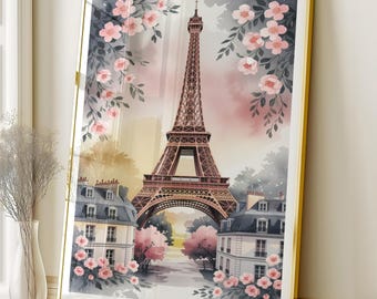 Descarga digital de arte mural de la Torre Eiffel de París, impresión floral romántica de París, póster de viaje francés, decoración parisina para el hogar.