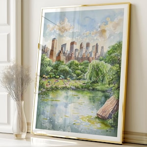 Impression d&#39;art mural aquarelle Central Park, affiche de la ligne d&#39;horizon de New York, téléchargement numérique de la ville de New York, décoration d&#39;intérieur imprimable verte, oeuvre de paysage