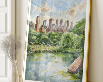 Central Park Watercolor Wall Art Print, NYC Skyline Poster, New York City Digital Download, Green Printable Home Decor, Landscape Artwork