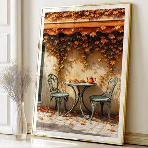 Autumn Cafe Wall Art Printable, Cozy Patio Digital Download Print JPG, Fall Leaves Poster, French Bistro Home Decor, Warm Tones Rustic Decor