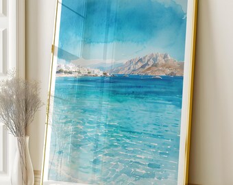 Greek Coastal Wall Art Digital Download, Mediterranean Seascape Print, Aegean Sea Watercolor Poster Mykonos Decor