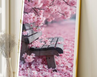 桜のベンチウォールアート、ロマンチックな桜の印刷可能なポスター、ピンクの花のデジタルダウンロード、日本庭園の春の装飾