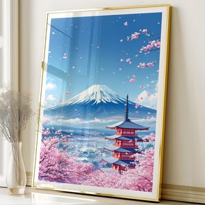 富士山ウォールアート、日本の桜のプリント、桜風景ポスター、日本旅行の室内装飾、海外駐在員向けアジアンデジタルダウンロード