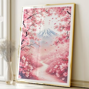 富士山ウォールアートプリント、桜のポスター、日本の桜風景デジタルダウンロード、ピンクの春のホームデコレーション、富士山の自然アートワーク