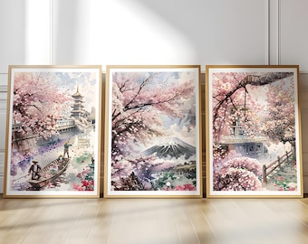 Set of 3 Japan Digital Wall Art, Mount Fuji Cherry Blossom Poster, Sakura Aesthetic Prints, Japanese Landscape Home Decor, Instant Download