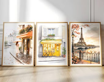Conjunto de 3 impresiones de París para pared, impresión en acuarela de la Torre Eiffel, descarga digital, café parisino, póster romántico lluvioso, decoración francesa para el hogar.