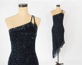 1990s Black Beaded Evening Dress Asymmetric One Shoulder Black Evening Dress Small