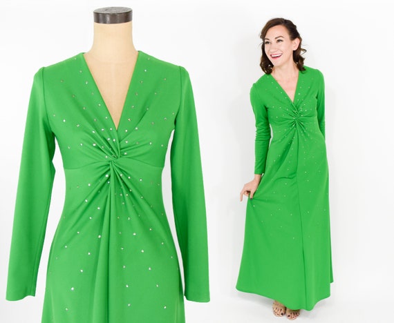 70s Green Rhinestone Dress | 1970s Lime Green Long