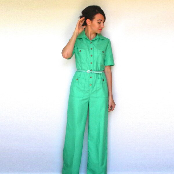 Vintage 70s Kelly Green Jumpsuit, Romper, Coveralls, Medium