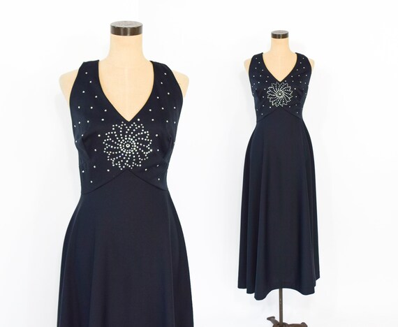 60s Rhinestone Dress | Black Starburst Halter Even