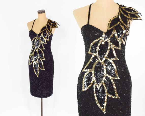 black dress with gold leaves