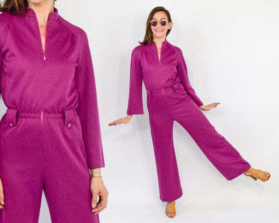1970s Burgundy Jumpsuit | 70s Wide Leg Pink Jumpsu