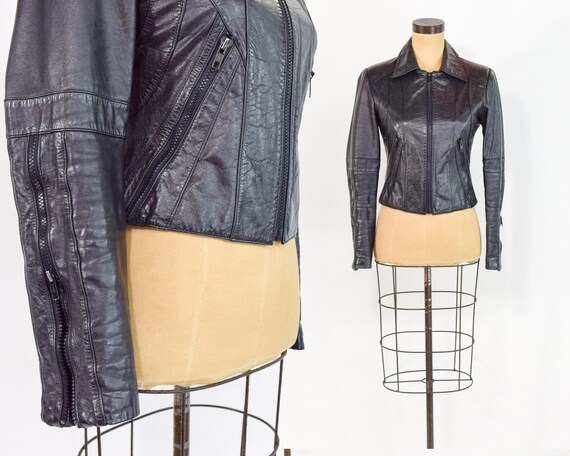 1990s Black Leather Moto Jacket | 90s Black Leathe