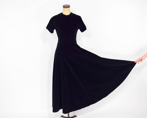 60s Black Velvet Dress | Long Black Witchy Evening